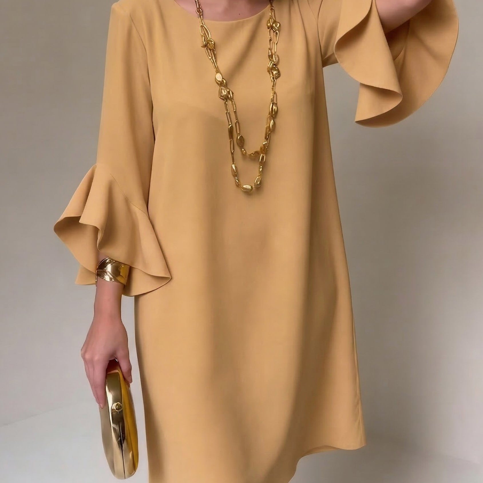 Ruffle Sleeve Shift Mini Dress with Boat Neck