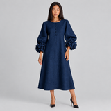 A-Line Midi Dress with Puff Sleeves and Floral Cuff
