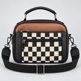 Checkerboard Crossbody Bag with Top Handle and Zip Pockets