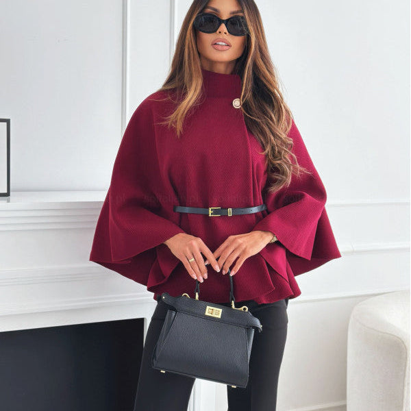 Belted High Neck Sweater with Cape Sleeve