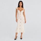 Eyelet Mermaid Midi Dress with Cap Sleeves and Button Front