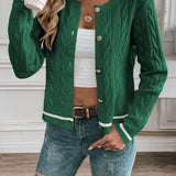 Button Front Cable Knit Cardigan with Ribbed Trim