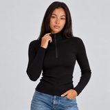 Fitted Ribbed Knit Sweater with Quarter Zip and Mock Neck