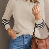 Round Neck Sweater with Striped Sleeves and Ribbed Cuff