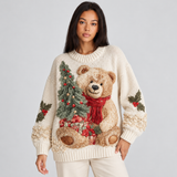 Christmas Sweater for Women with Teddy Bear Design and Ribbed Crew Neck