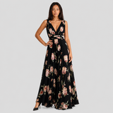 Pleated Floral Print Maxi Dress with V-Neck