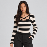 Striped Ribbed Knit Top with Cross Strap