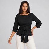 Boat Neck Blouse with Three Quarter Sleeves and Tie Waist