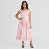 Eyelet A-Line Midi Dress with Off-Shoulder Neckline
