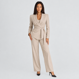 Wrap Blazer and Wide-Leg Pants Suit Set with Tie Waist