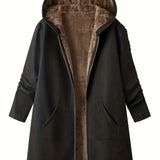 Faux Fur Lined Hooded Jacket with Zip Front and Patch Pockets