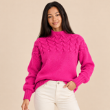 Women's Turtleneck Knit Sweater with Cable Knit Detail and Long Sleeves