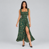 Floral Print Maxi Dress with Smocked Bodice and Thigh Slit