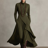 Draped Asymmetric Wrap Maxi Dress with High Neck