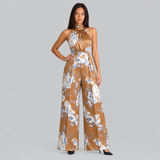Floral Wide-Leg Jumpsuit with Halter Neck and Pleated Waist