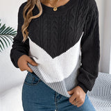 Cable Knit Color Block Sweater with Round Neck and Long Sleeves