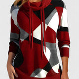 Women's Hooded Sweater with Geometric Print and Drawstring Neck for Everyday Wear