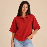 Women's Tops with Polo Collar Three Button Neckline and Waffle Texture