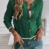 Button Front Cable Knit Cardigan with Ribbed Trim