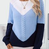 Cable Knit Color Block Sweater with Raglan Sleeves and Round Neck