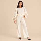 Women's Two Piece Pants Set with Floral Cuff Long Sleeve Blouse and Wide Leg Pants