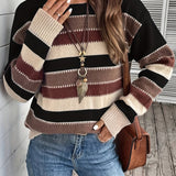 Striped Knit Sweater with Round Neck and Ribbed Cuff