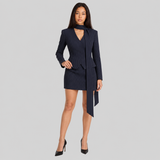 Mini Skirt Set with Pinstripe Blazer and Scarf Neck