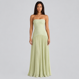 Ruched Strapless Maxi Dress with Pleated Skirt