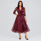Wrap Midi Dress with Sheer Sleeves and Tie Waist