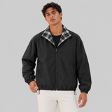 Zip Up Windbreaker Jacket with Plaid Collar and Drawstring Hem