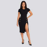 Ribbed Bodycon Midi Dress with Side Slit and Button Detail