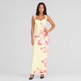 Floral Print Maxi Dress with Sweetheart Neckline and Lace Strap