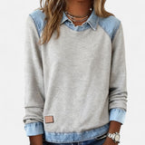 Denim Collar Knit Sweatshirt with Crew Neck