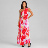 One-Shoulder Floral Pleated Maxi Dress with Ruched Waist