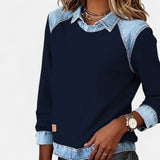 Denim Collar Knit Sweatshirt with Crew Neck