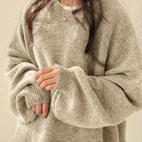Oversized Round Neck Sweater with Balloon Sleeves and Ribbed Cuff