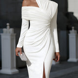 Ruched One-Shoulder Midi Dress with High Neck and Side Slit