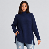Oversized Turtleneck Knit Sweater for Women – Ribbed Long Sleeve Pullover with Side Slits for Casual Wear