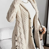 Women's Long Cardigan with Textured Cable Knit Design and Button Front for Winter