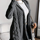 Women's Long Cardigan with Textured Cable Knit Design and Button Front for Winter