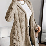 Women's Long Cardigan with Textured Cable Knit Design and Button Front for Winter