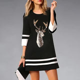 Women's Christmas Party Mini Dress with Reindeer Print and Three-Quarter Sleeves