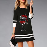 Women's Christmas Party Mini Dress with Reindeer Print and Three-Quarter Sleeves