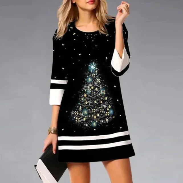 Women's Christmas Party Mini Dress with Reindeer Print and Three-Quarter Sleeves