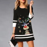 Women's Christmas Party Mini Dress with Reindeer Print and Three-Quarter Sleeves