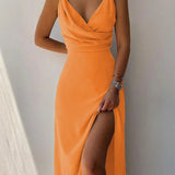 Ruched Satin Wrap Maxi Dress with V-Neck and High Slit