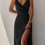 Ruched Satin Wrap Maxi Dress with V-Neck and High Slit