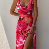 Ruched Satin Wrap Maxi Dress with V-Neck and High Slit