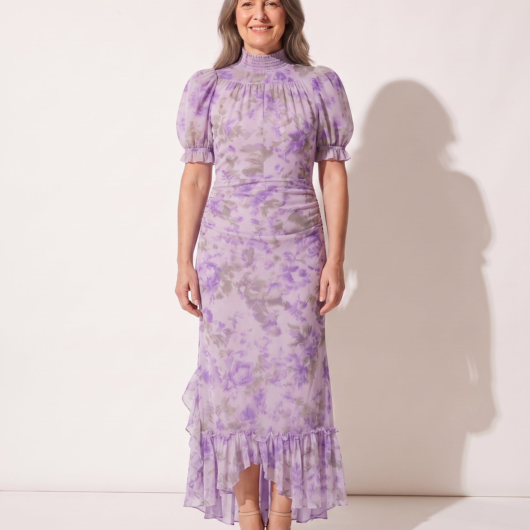 Floral Puff Sleeve Maxi Dress with Ruffle Hem and High Neck