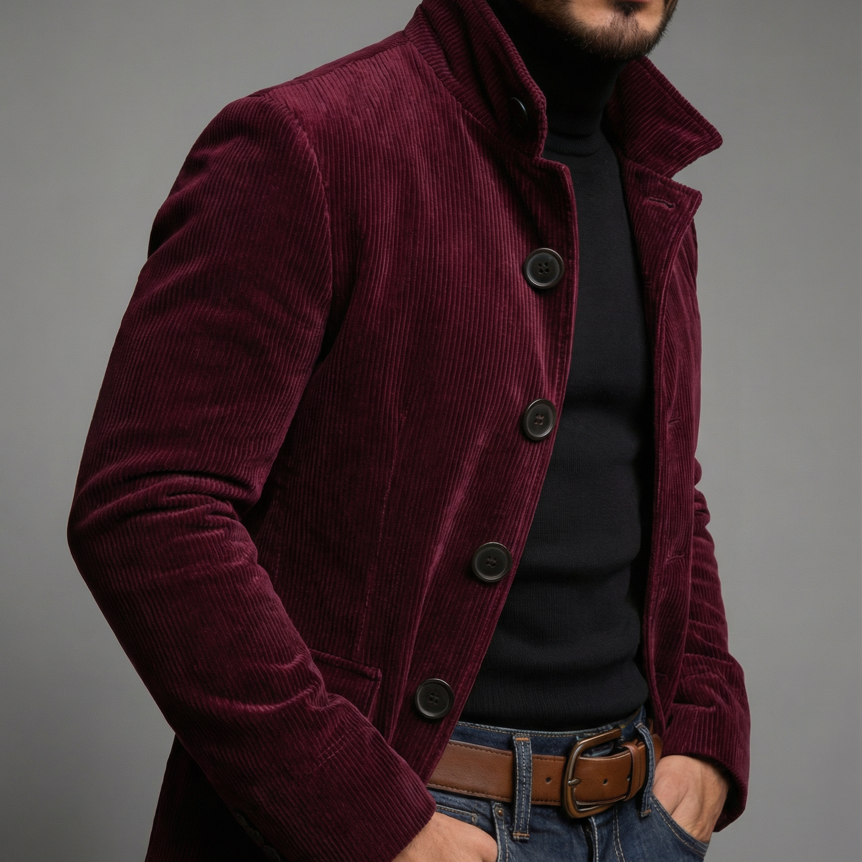 Corduroy Stand Collar Jacket with Front Pockets